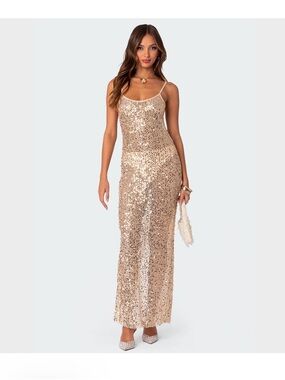 Edikted Gold Sequin Mesh Maxi Dress  sheer Sparkly Bodycon NWT